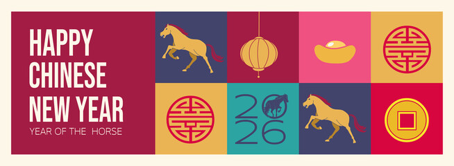 Modern Chinese New Year 2026 design featuring horse zodiac, lantern, gold coin, and lucky symbol in bold red, gold, and teal colors. Perfect for festive greeting cards, posters, and digital banners.