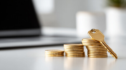 Key on growing coin piles near a computer conveying financial security, budgeting discipline, and smart online money management.

