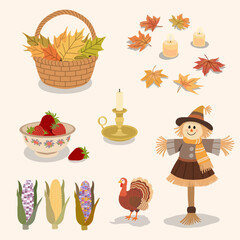 Thanksgiving Harvest Illustration with Turkey Scarecrow Candles Corn and Autumn Leaves in Warm Cozy Colors