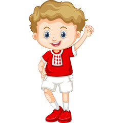 Cheerful young boy with blond curly hair wearing a red shirt and white shorts waving with a happy expression against a transparent background isolated cartoon character.