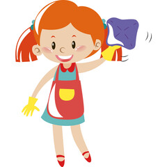 Cheerful young girl with red hair wearing an apron and yellow gloves holding a cleaning cloth in a playful pose with a smile on her face and white background