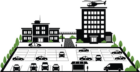 Obraz premium Police station vector illustration with cars and helicopter design vector