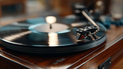 Record Player Needle Playing Vinyl Record on Wooden Turntable Closeup