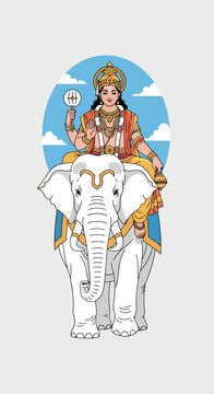 Vector illustration of the Hindu god Indra, the king of Devas, riding his divine white elephant Airavata against a blue sky background