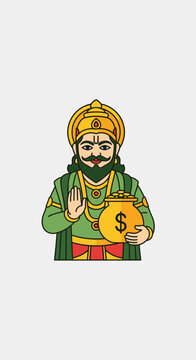 Vector illustration of Lord Kubera, the Hindu god of wealth, holding a pot of gold coins for prosperity and good fortune