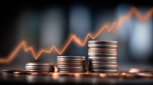 Stacks of coins aligned in ascending order with an upward line chart, illustrating investment growth, business performance, and the positive compounding effect of disciplined saving and smart financia