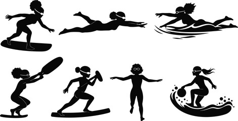 Obraz premium Athlete silhouettes with curly hair, surfing, swimming, paddleboarding, water polo, dumbbell training, fitness, recreation, sports activity, balance, motion study