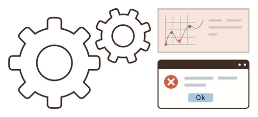 Two gears, declining error message in browser popup, analytics chart. Ideal for troubleshooting, problem-solving, system monitoring, IT workflows, debugging, performance evaluation simple flat
