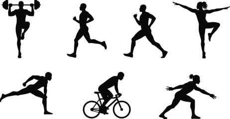 Athlete silhouettes, running, sprinting, weightlifting, cycling, gymnastics, martial arts, fitness, exercise, sports motion, dynamic posture, lifestyle, design