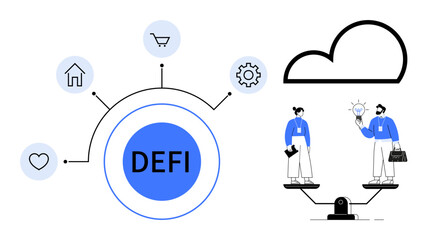 Decentralized finance hub connecting icons thumbs up house, shopping, and gear two individuals on a scale exchanging ideas. Ideal for finance, technology, teamwork, collaboration, balance, cloud