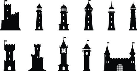 Castle tower silhouettes, medieval fortresses, lighthouses, clock towers, turrets, battlements, spires, historic architecture, fortress buildings, heritage landmarks, architectural design elements © Biplob Creatives