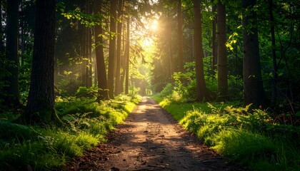 Fototapeta premium Sunlight filtering through a lush green forest path.