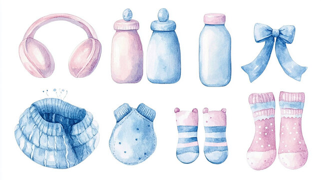 Pink blue pacifier round frame, newborn girl boy twins footprints. Baby shower, gender reveal party. Hand drawn watercolor illustration isolated on white background. For family surprise party feast.