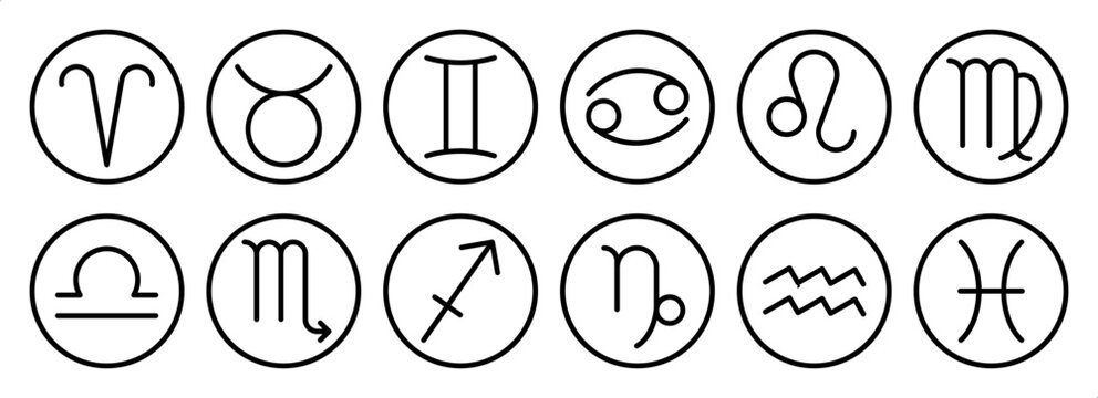 12 zodiac signs, horoscope symbols, astrological round outline icons, aries, taurus, gemini, cancer, leo, virgo, libra, scorpio, capricorn, aquarius, pisces