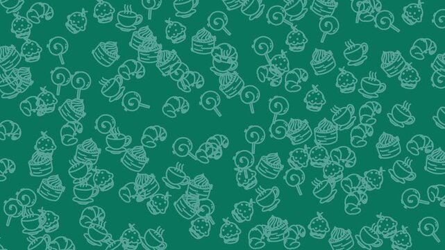 Animation food seamless pattern of various sweet treats against a green background, perfect for designing dessert menu, party invitations, or confectionery branding.