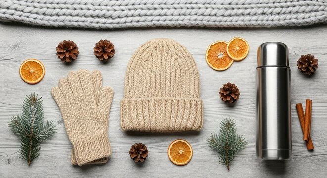 Cozy winter essentials laid out flat including a warm knit beanie, gloves, pine sprigs, dried oranges, pinecones, cinnamon sticks and a sleek thermos for outdoor adventures