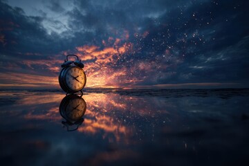 Vibrant photo of a reflection of a clock against a dramatic sunset sky