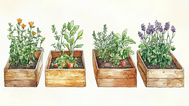 watercolor wooden boxes with plants clip art preview
