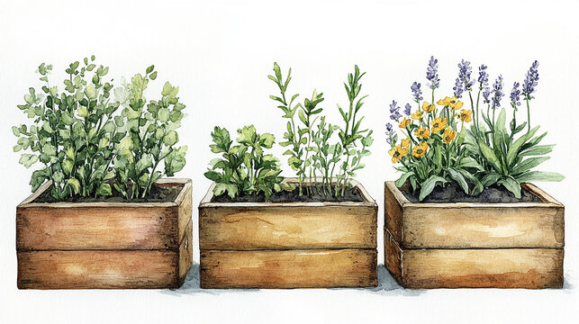 watercolor wooden planters with herbs and flowers clip art preview