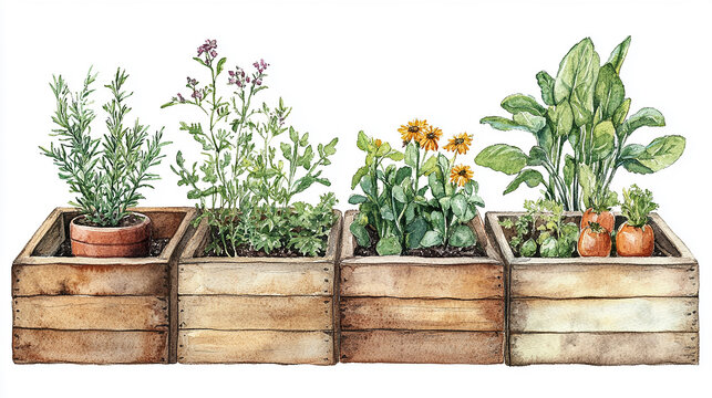 watercolor wooden boxes with herbs and flowers clip art preview