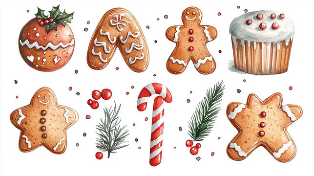 Set watercolor elements with Gingerbread cookies,Cup cocoa and sweets,cookies,sweet holiday card,Christmas menu,season greeting,xmas and New Year sweet composition,space for text.
