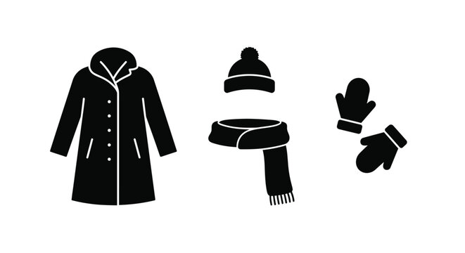 Winter clothing items including a coat hat scarf and mittens