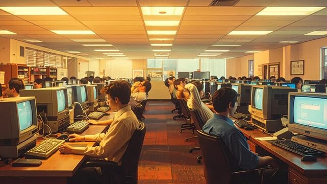 Retro Computer Lab with Rows of Old Desktop PCs and Users in a Brightly Lit Room