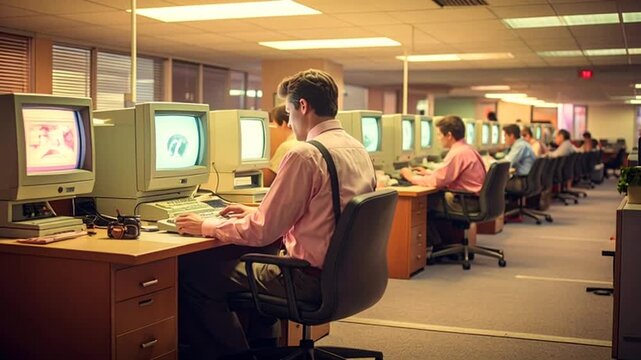 Retro Office Scene: Man Working on Vintage Computer in a Large 1980s Style Office