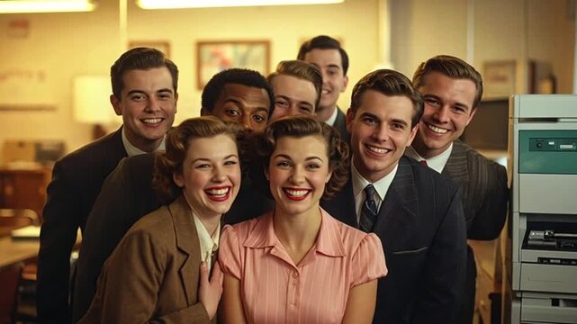 Vintage Office Team Portrait: Diverse Group of Professionals in Retro Style - Powered by Adobe