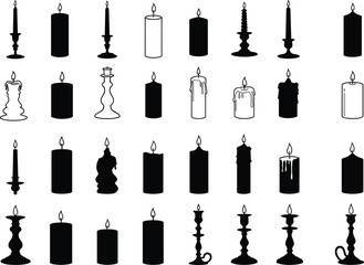 Candle silhouette illustration collection, decorative wax flame vector set, festive holiday artwork, spiritual light design, black flat cad drawing