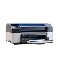 Modern, multi-functional printer,  black and white/gray, with open tray