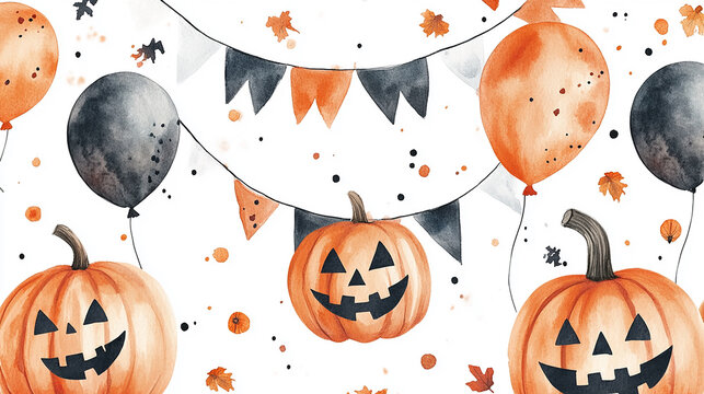 Watercolor Halloween seamless pattern with balloons illustration with scary faces. Hand painting orange, black, white balloon sketch isolated on white background. For designers, decoration - Powered by Adobe