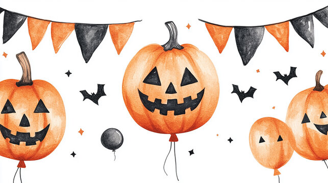 Watercolor Halloween seamless pattern with balloons illustration with scary faces. Hand painting orange, black, white balloon sketch isolated on white background. For designers, decoration