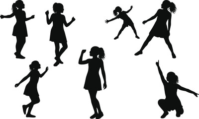 Girl silhouette in dynamic poses, dancing, jumping, crouching, pointing, ponytail child, expressive movement, childhood activity, motion study, animation, character design