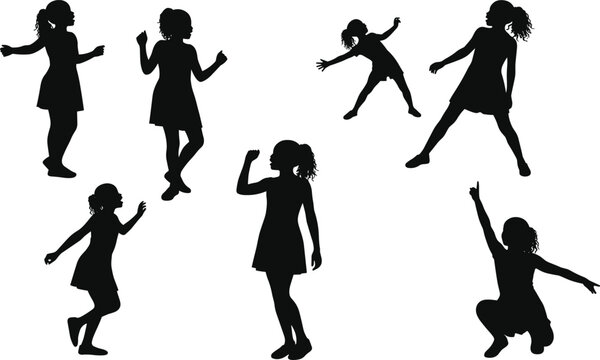 Girl silhouette in dynamic poses, dancing, jumping, crouching, pointing, ponytail child, expressive movement, childhood activity, motion study, animation, character design