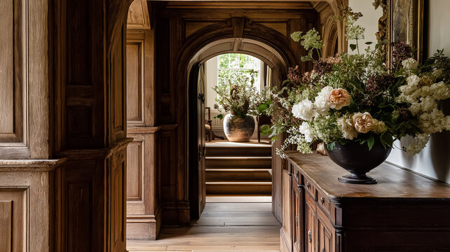 Grand entrance hallway in a historic manor house with floral arrangement and carved wood paneling