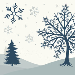 Winter Landscape With Snowflakes And Trees pine tree