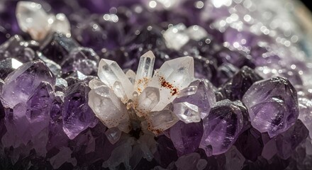Close-up of Amethyst Crystals with Quartz Formation, Showcasing Gemstone Beauty and Texture