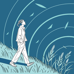 Woman Walking on Path with Concentric Circles person