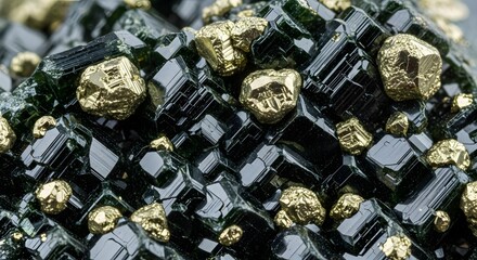 Brilliant golden nuggets embedded in a dark, complex crystalline mineral formation, showcasing the captivating beauty and intrinsic value of natural geological deposits and valuable metal discovery