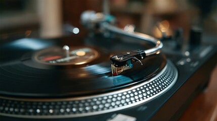 Playing Vinyl Record on Turntable with Needle Close Up View