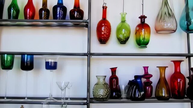 Artistic glassware collection displayed on a sleek metal shelving unit indoor