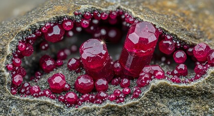 Vibrant Ruby Crystals Cluster Displayed Within a Geode's Natural Structure