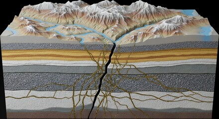 Geological cross-section illustrating a seismic fault line propagating through rock layers to the surface mountain range