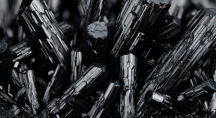 Intricate macro view of sharp, angular black crystalline structures, revealing a dense cluster of natural geological formations with reflective facets and a striking texture