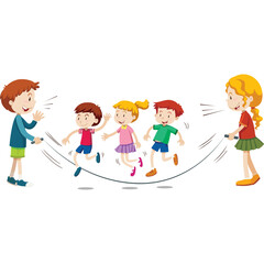 Children enthusiastically playing jump rope game outdoors under bright daylight with clear blue sky and green grass background during a sunny day full of joy and laughter
