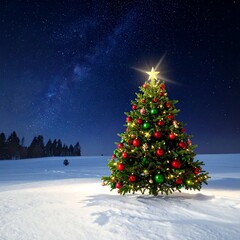 Obraz premium A decorated Christmas tree stands illuminated against a starry winter sky