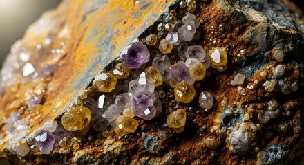 Natural raw amethyst and citrine crystal cluster formation on a mineral rock, a close-up of geological beauty