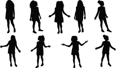 Obraz premium Children silhouettes in standing poses, diverse hairstyles, clothing outlines, body language, posture study, childhood motion, human figure, character design, education, activity