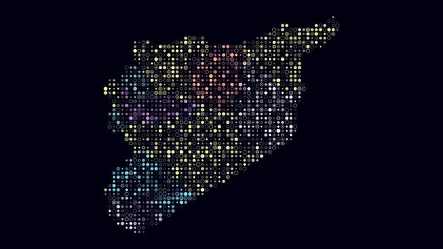 Syria animated country shape. Pulsating colored dots on the map of the country. Small size circle blocks. Digital style Syria map on dark background. Artistic animation video.